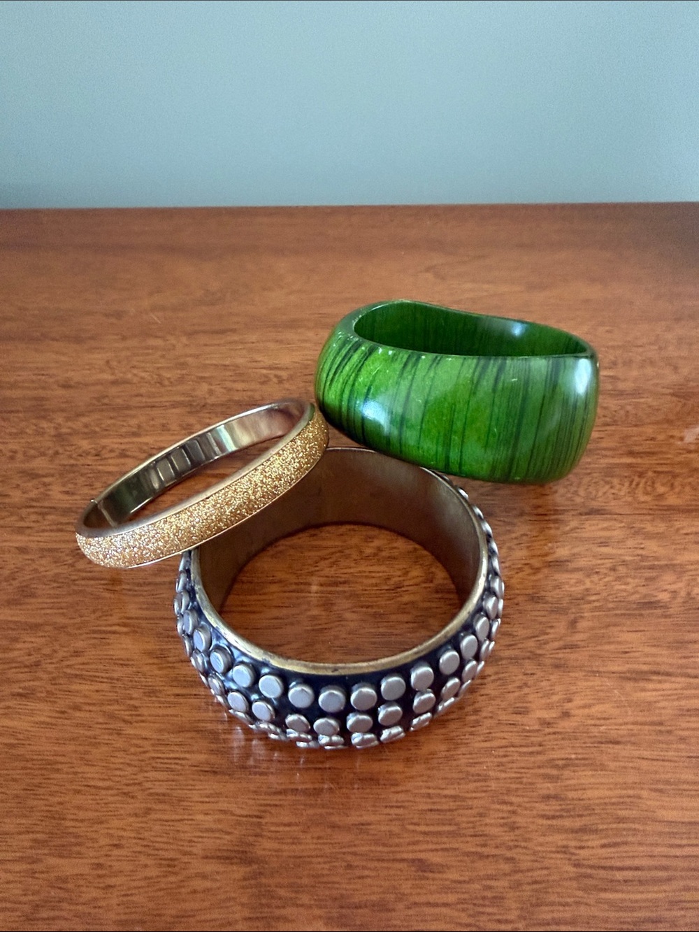 Green Resin and Metallic Accent Bangle Set of bracelets